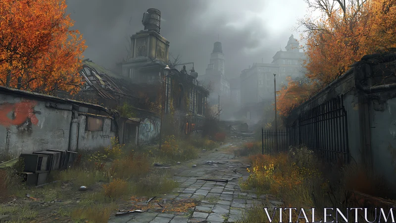 Abandoned cobblestone street leads through ruined autumn city