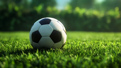 Soccer ball resting on green grass in soft daylight.