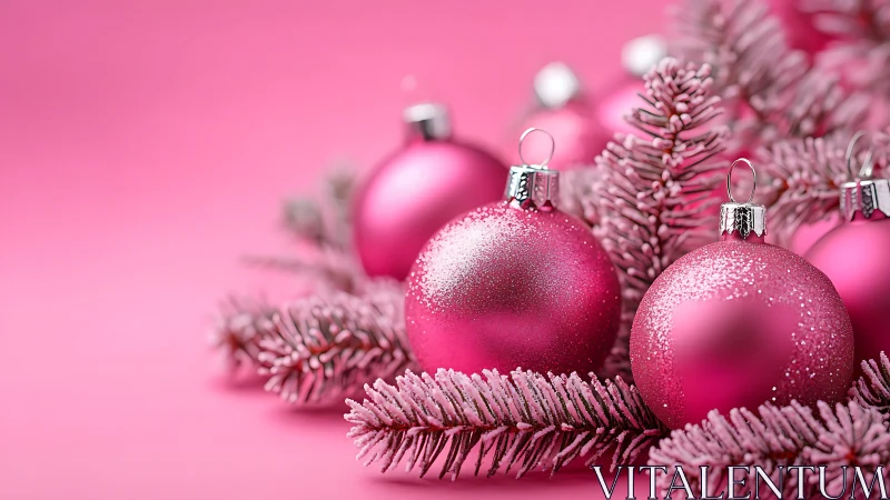Pink Christmas baubles rest on frosted fir branches