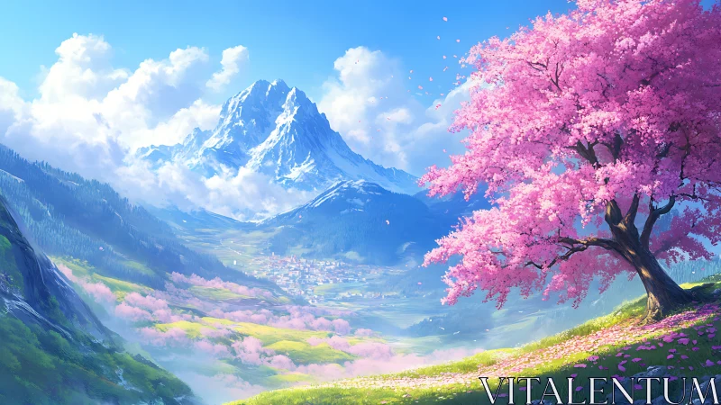 Cherry blossom valley below snowcapped mountain peak.