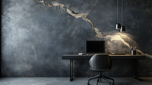 Minimalist workspace stands against dark cracked concrete wall