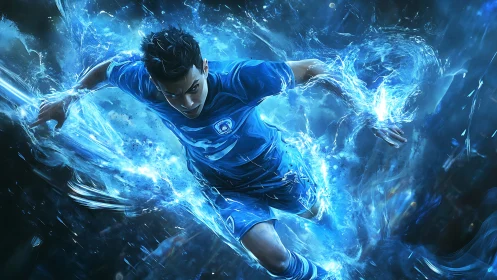 Electric blue striker sprinting through waves of pure energy.