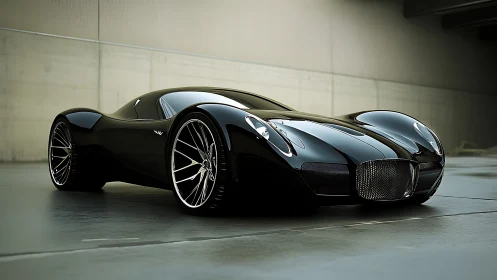 Black streamlined concept car in minimal urban setting.
