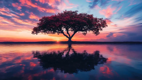 Solitary shoreline tree soaking in a dreamy sunset glow.