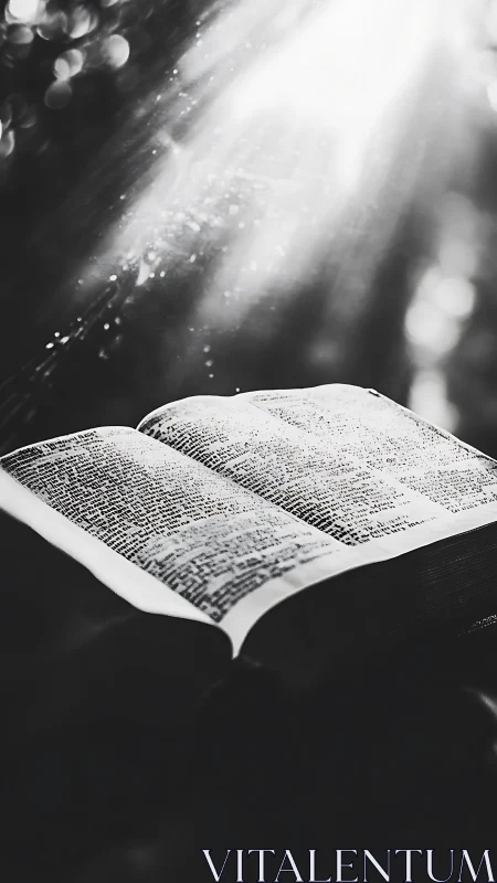 Open printed book lies under directional overhead light source