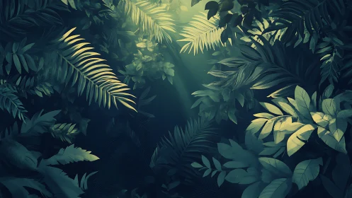 Lush emerald jungle canopy with dappled volumetric light beams.