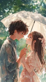 Anime couple standing under umbrella in gentle rainfall.