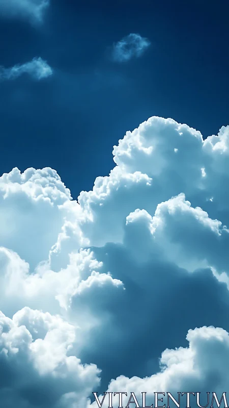 Towering cumulus clouds rise sharply against deep blue sky