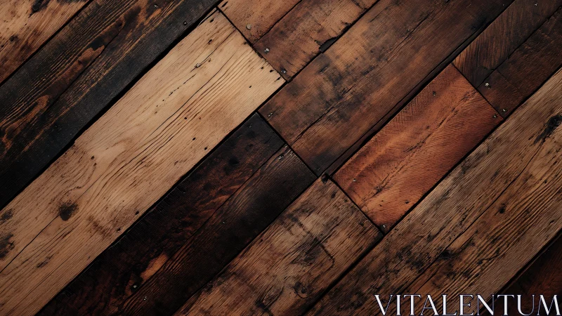 Rustic reclaimed wood planks in diagonal layout, natural tones.