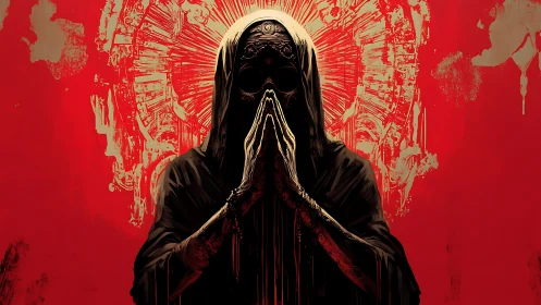 Hooded skeletal figure in prayer before radial emblem