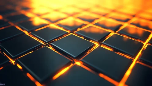 Glowing grid of dark glass tiles reveals molten core light