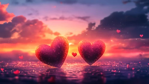 Twin Luminous Hearts Against Fiery Sunset Sky.