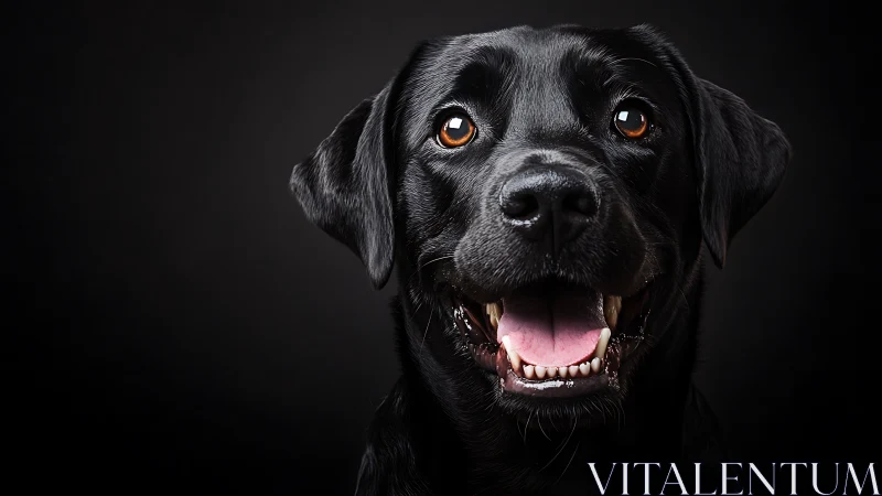 Close-up studio portrait of black Labrador retriever dog.