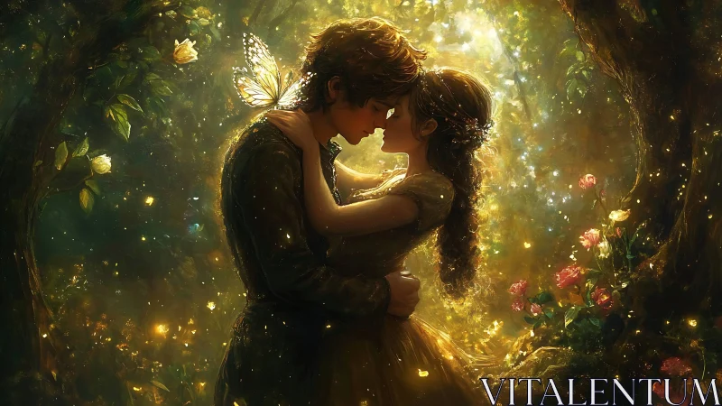 Enchanted Garden Romance: Golden Luminescence and Ethereal Embrace.