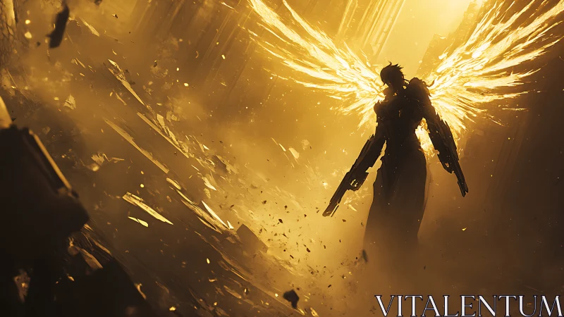 Armored angelic figure with blazing golden wings stands.