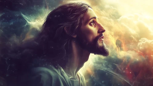 Bearded man gazes toward radiant celestial light source