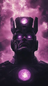 Cosmic armored figure with glowing violet energy cores.