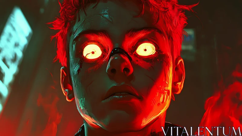 Cyberpunk neon portrait with incandescent ocular augmentation.
