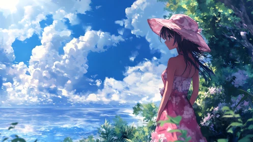 Coastal anime figure under volumetric clouds in summer light.