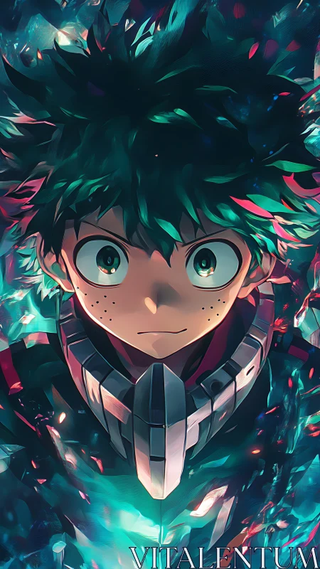 Anime portrait with neon kinetic lighting and frontal symmetry.