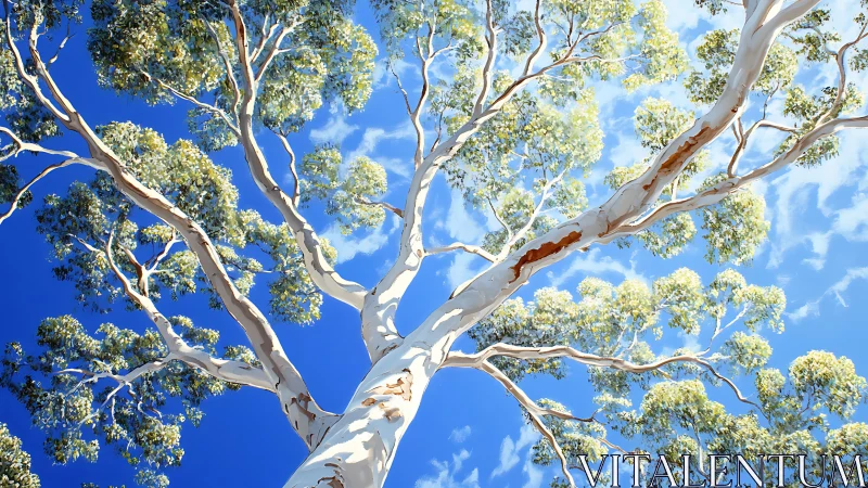 Sunlit eucalyptus canopy stretches into radiant blue sky.