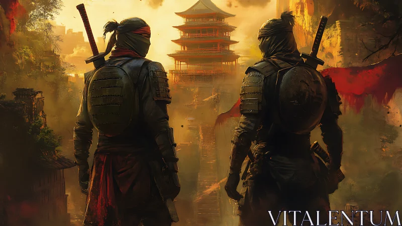 Armored ninjas survey misty pagoda stronghold in backlit dusk haze