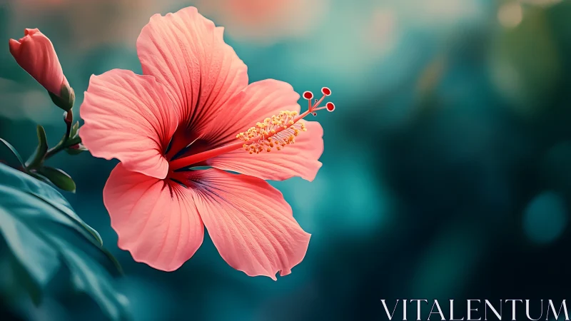 Coral Hibiscus Bloom with Golden Stamen Against Bokeh Turquoise Background