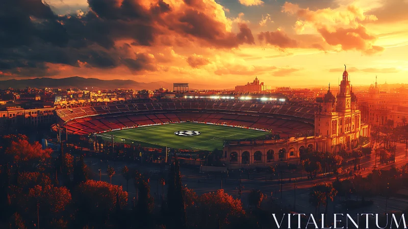 Sunlit football stadium in dense historic city at sunset.