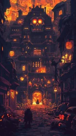 Infernal skull fortress dominates a molten, lantern-lit alleyway