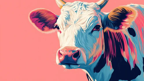 Colorful cow portrait on soft pink with playful modern flair.