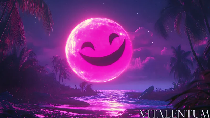Neon magenta moon with smiling face illuminates tropical shoreline