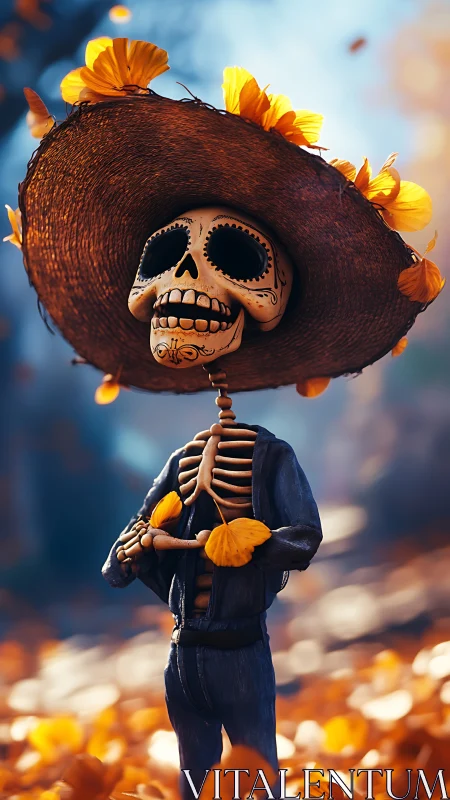 Festive skeleton in hat and petals celebrates autumn day.