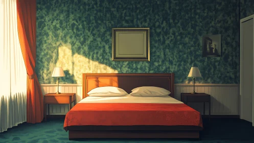 Sunlit double bed centered between two wooden side tables