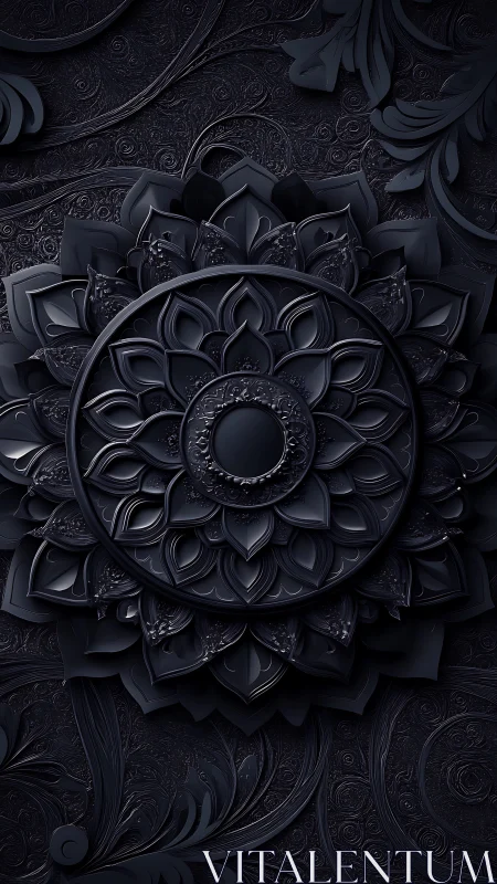 Midnight mandala relief with layered floral geometry.