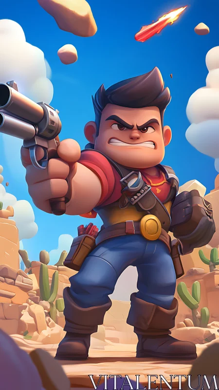 Cartoon desert gunslinger aiming revolver in canyon standoff.