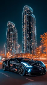 Midnight hypercar prowls beneath neon-wrapped glass giants