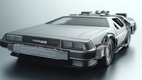 Futuristic stainless steel coupe with exposed side hardware.