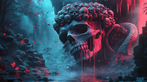 Giant skull structure with coiled serpent dominates misty gorge