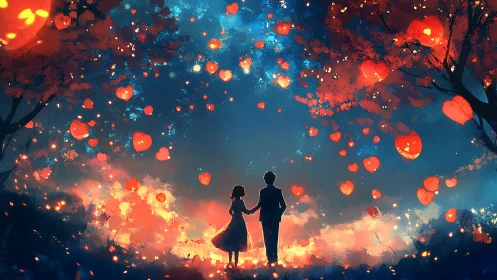 Romantic silhouette couple under luminescent heart lantern canopy