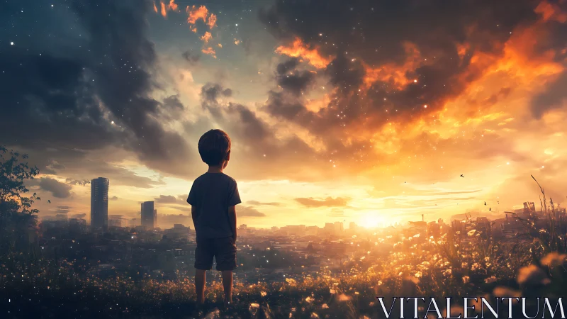 Child stands on hill watching glowing city sunset sky.
