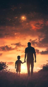 Father and child gaze at glowing stars under sunset sky.