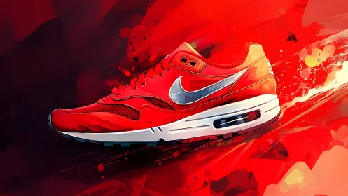 Red running sneaker illustration with bold motion effects.