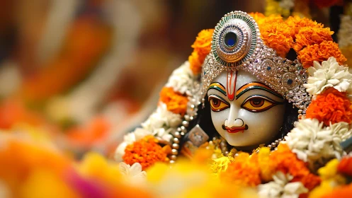 Ornate Hindu deity idol with floral garlands and jeweled crown