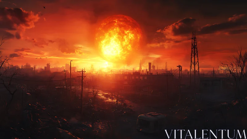 Urban skyline under oversized sun over devastated landscape.