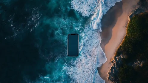 Smartphone floats over aerial shoreline with teal surf.