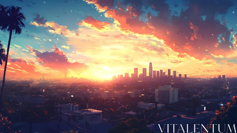 Neon sunset washes a futuristic city skyline in warm glow