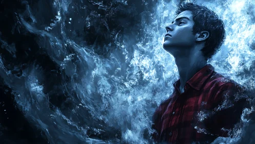 Young man in red shirt stands calm amid swirling blue storm