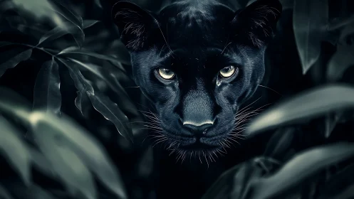 Black Panther Portrait with Luminous Eyes in Vegetation.