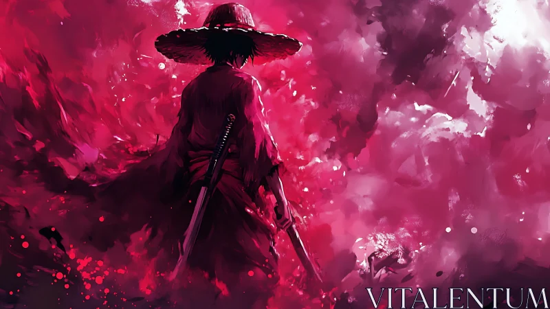 Samurai silhouette in crimson atmospheric digital painting.