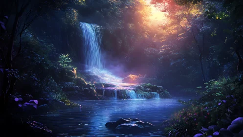 Waterfall cascades into a reflective forest pool at sunset